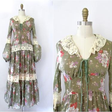 ALMOST A GUNNE SAX Vintage 70s Prairie Dress | 1970s Floral Maxi w/ Bishop Sleeves | 60s 1960s Cottagecore, Victorian Style Hippie | Small 