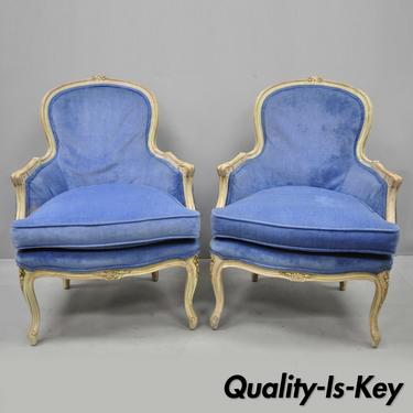 Pair Vintage Distress Painted French Louis XV Style Blue Bergere Chair Armchairs
