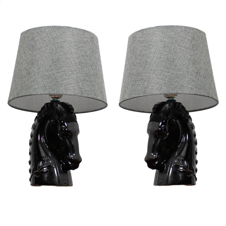 MCM Pair of Black Ceramic Horse Head Lamps