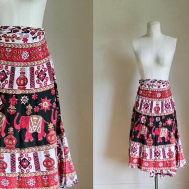vintage 1990s Elephant Novelty Print Indian Cotton Wrap Skirt / fits most 