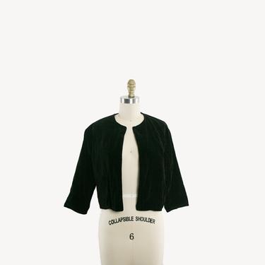 Vintage 1960's Velveteen Blazer - Open Front Shrug - Long Sleeve - Inky Black Jacket - Scoop Neck - Formal - Evening - Women's Medium 