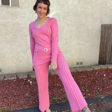 1960s bubble gum pink knit two piece matching pants set Frank Lee of California 