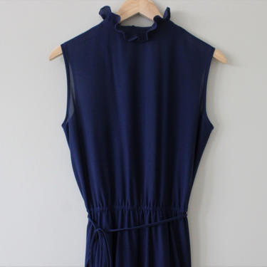 Vintage Navy Blue Ruffle Neck Sleeveless Elastic Waist Dress Women's Size 