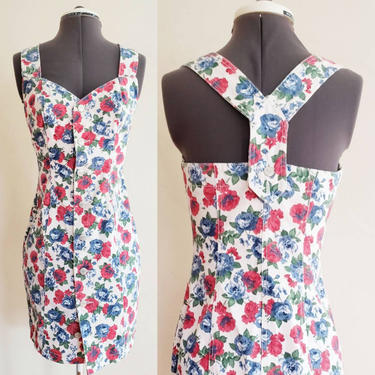 90s Floral Print Denim Dress Bongo / 90s Red White Blue Rose Pattern Sleeveless Dress Jumper Button Down Fitted / Small 