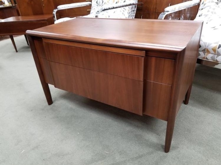 Mid-Century Modern small scale walnut credenza with two drawers and pullout tabletop