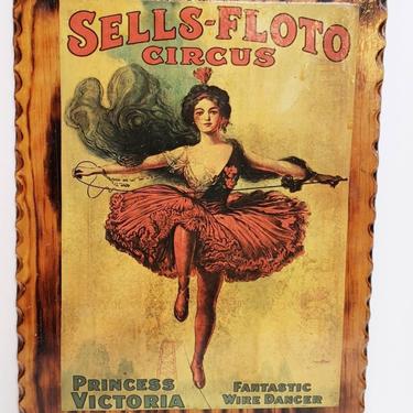 1970s Wood Lacquer Wall Hanging Vintage Circus Girl Tightrope Walker / 70s Repro 1890s Sells-Floto Circus Princess Victoria Wire Dancer 
