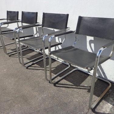 4 Dining Chairs Cantilevered Italian Chrome Leather Boho Chic Bohemian Milo Baughman Inspired Mid Century Modern Vintage Seating Regency 