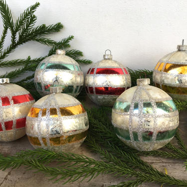 Vintage West Germany Christmas Ornaments Set Of 6, Frosted Silver Glittered Glass Ornaments 