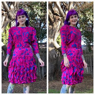 Vintage 1980’s Magenta and Purple Floral Silk Dress 