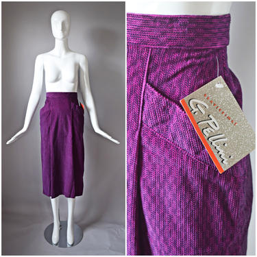 vtg 80s *deadstock* G.Pellini pink and black print wrap around pockets high waist pencil skirt | old school 1980s retro new wave purple 