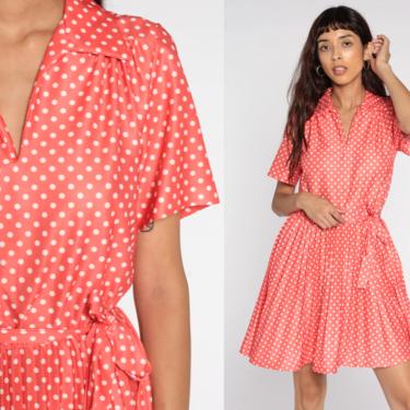 Polka Dot Dress 70s Pleated High Waisted Mini Mod Dress Light Red 1970s Vintage V Neck Short Sleeve Collared Medium 