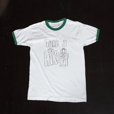 80s &quot;Take A Hike&quot; Graphic Ringer Tee - Men's Small, Women's Medium | Vintage White Green Retro Camping T Shirt 