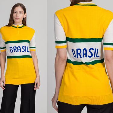 Vintage Brasil Knit Cycling Jersey - Small to Medium | 70s 80s Unisex Retro Yellow Biking Uniform Sweater Shirt 