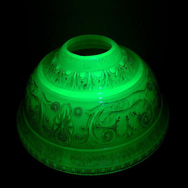 Vintage Art Deco Uranium Glass Embossed and Painted Large Lamp Shade Ceiling Fixture 
