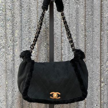 Vintage CHANEL Large CC Turnlock Classic Flap Black SHEARLING Fur Lambs Wool Suede Leather Chain Shoulder Bag Purse 