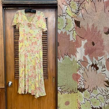 Vintage 1930's Yellow Floral Semi Sheer Crepe Chiffon Dress, Vintage Clothing, 1930's Floral Chiffon, Chiffon, 1930's Florals, Vintage 1930s 