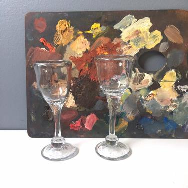 Blown glass stemmed cordial glasses by Karen Wolkoff - set of two - 1970s vintage handmade glass 