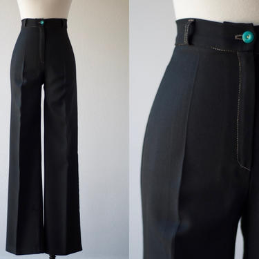70s Vintage BLACK HIGH WAIST Wide Leg Straight Fit Pants Pocketless Stretchy Polyester Trousers Hippie Slacks Pleated Hand Stitching Unique 