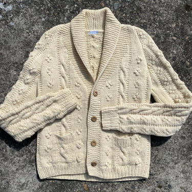 Vintage wool sweater~ hand knit~ chunky woolen cardigan~ rolled collar wooden buttons~ size Small 