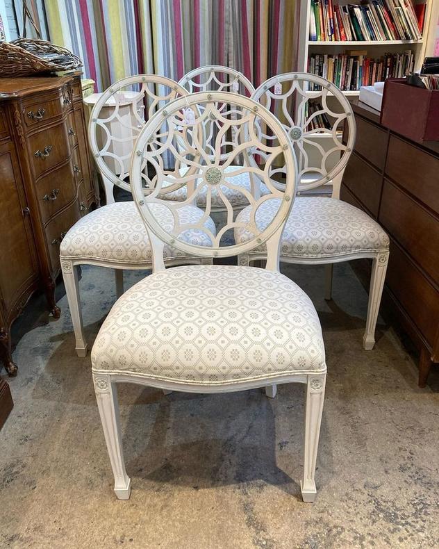4 glammy chairs. 21” wide, 19” deep, 38” tall Seat height is 19” 