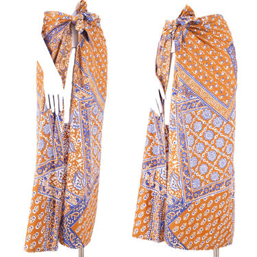 60s ELON batik print sarong skirt M / vintage 1960s boho beach pool bathing suit cover up wrap skirt M-L 