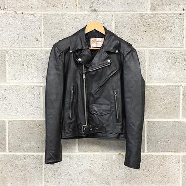 Motorcycle Jacket Retro 1970s Excelled + Genuine Leather + Size 40R + Quilted Lining + Zipper Sleeves + Belted + Apparel 