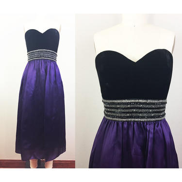Vintage 90s BADGLEY MISCHKA Strapless Velvet and Silk Beaded Evening Dress 1990s L 