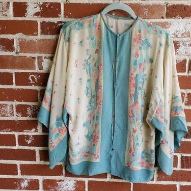 Vintage 1920s Wearable Art Antique Silk Kimono Style  Top Watercolor Pastels  S/M 