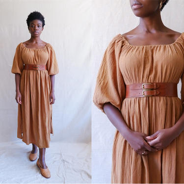 Vintage Caramel Gauze Cotton Dress/ Off The Shoulder Puff Sleeve Peasant Dress/ Size Medium Large 