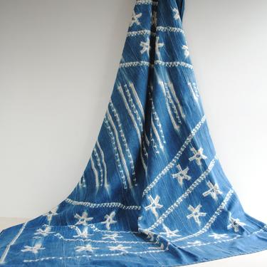 Vintage African Indigo Textile, Indigo Throw Blanket, Star Design Indigo Fabric, Blue and White Indigo, 68&amp;quot; x 51&amp;quot; Indigo Textile 