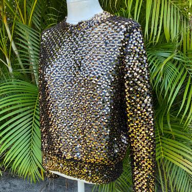 1970’s Black Knit Gold Sequins Sweater Top Size s/m Women’s Glam Blouse 