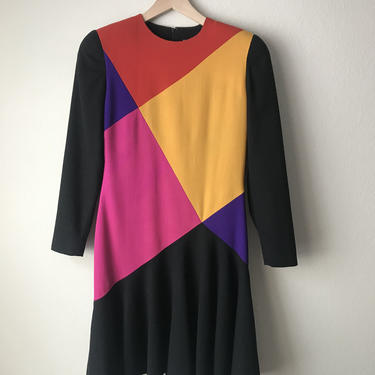 20) VINTAGE 80s 90s dress warm geometric color block pattern style sleeve shoulder pad 