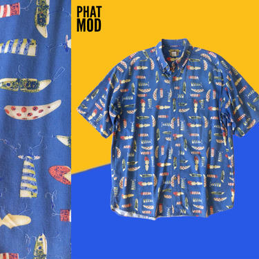 Vintage 00s 90s Blue Fish Tackle Novelty Print Short Sleeve Men's Button Down Shirt 