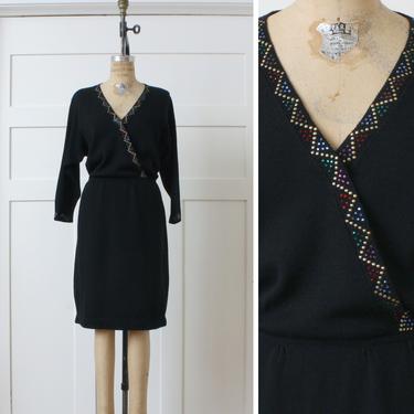 vintage 1980s 90s designer St John knit dress • black party dress with jewels &amp; wrap bodice • size medium 