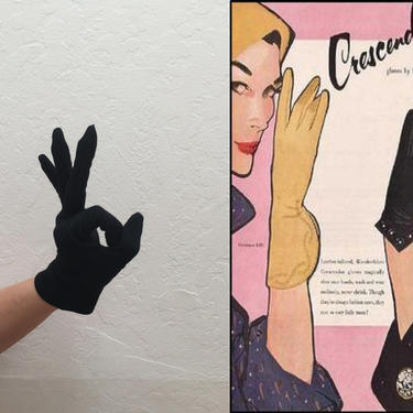 Dark Secret Whispers - Vintage 1950s Ink Jet Black Nylon Over Wrist Gloves - 7 