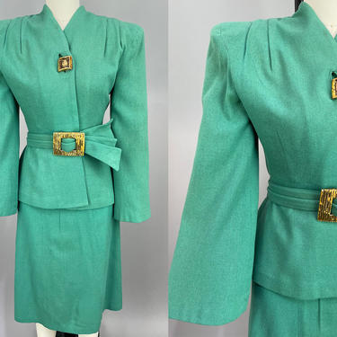 1940s GREEN Lilli Ann Suit | Vintage 40s Rare Suit with HUGE Gold Buckle | xs 