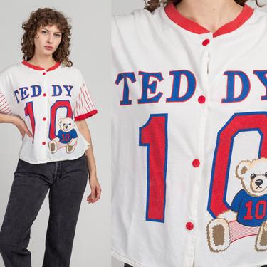 90s Teddy Bear Baseball Jersey Shirt - Extra Large | Vintage White Red Striped Button Up Pajama Crop Top 