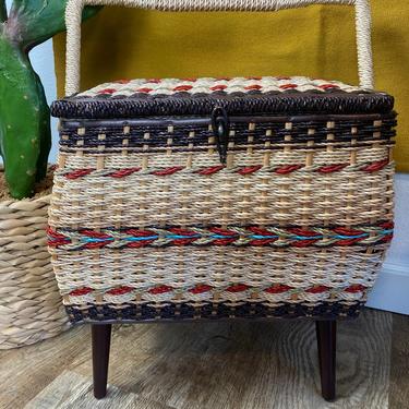 Mid Century Tapered Leg Wicker Sewing Basket 