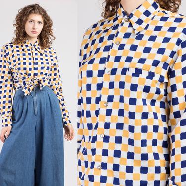 60s 70s Mod Yellow &amp; Blue Checkered Top - Extra Large | Vintage Pointed Collar Button Up Long Sleeve Shirt 