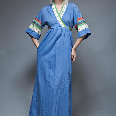 kimono dress maxi vintage 70 blue chambray cotton patchwork print tie back ankle length ONE SIZE S M L small medium large 