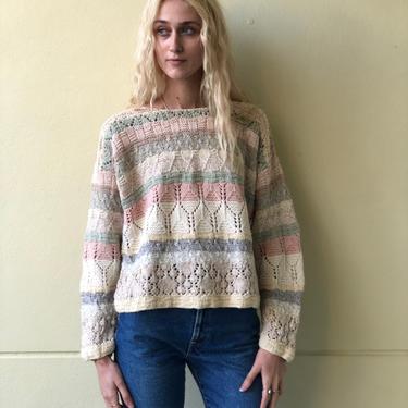 Vintage Sweater / Cotton Knit Sweater / Pink and Gray Stripe Knitwear / Slouchy Oversized Boxy Sweater / Ballerina Pink and Creamy White 