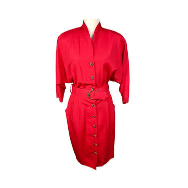 Vintage Clothing 80s Shirtwaist Dress, Lightweight Red Dress Shoulder Pads Gold Braided Pretzel Buttons, Size 8 Pleated Hips Dresses 