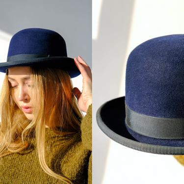 Vintage 60s Beaver Hats Navy Blue Fur Bowler Hat | 100% Genuine Fur | Made in USA | Size 6 7/8 | 1960s Designer Unisex Fur Gambler Fedora 