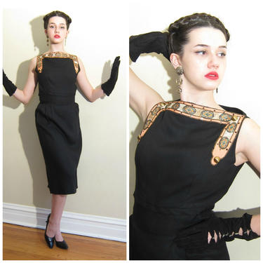 Vintage 1950s Black Wiggle Dress with Peach Satin Embroidered Trim / 50s Sleeveless Cocktail Party Dress / Medium 
