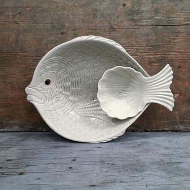 Vintage Chip &amp; Dip Fish Bowl Retro White Ceramic Two Layer Serving Dish by Fitz and Floyd Inc. 
