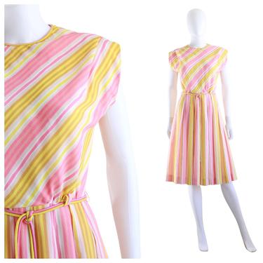 1960s Pink & Yellow Stripe Fit and Flare Day Dress - Vintage Fit and Flare Dress - 1960s Summer Sundress - Vintage Pink Dress | Size Small 