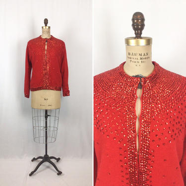 Vintage 60s Cardigan | Vintage red wool angora sequins Cardigan | 1960s embroidered evening sweater jumper 