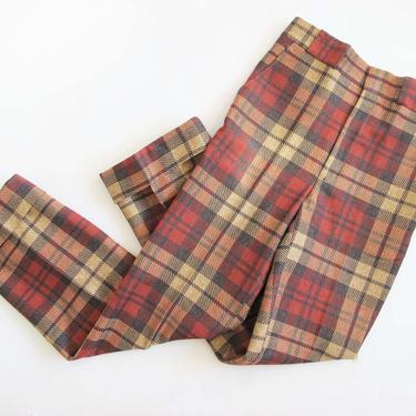 Vintage 70s Plaid Pants XS 25  - Deadstock Unworn 1970s Red Beige High Waist Polyester Trouser Pants - Bell Bottom Wide Leg Pants Golf Pants 