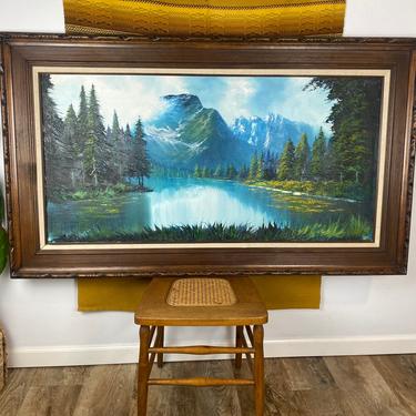Huge Vibrant Signed and Dated 1963 Framed Mountain and Lake Original Art 