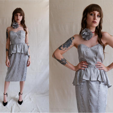Vintage 80s Silver Snake Print Strapless Dress with Matching Flower Choker/ 1980s Peplum Ruffle Party Dress/ Size Small 